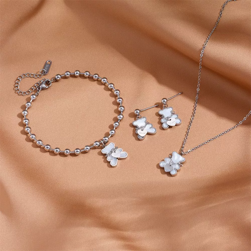 Necklace and bracelet stainless steel, chain, cute set, jewelry heart-shaped, wholesale, with little bears