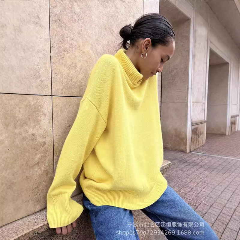 European and American Solid Color Turtleneck Sweater Women's Autumn and Winter Cross-border Hot Selling Comfortable Loose All-match Basic Pullover Top