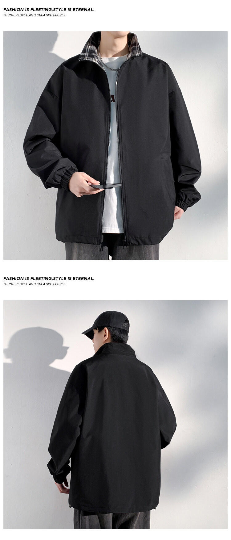 Men's Plaid Patchwork Denim Jacket With Stand Collar Windproof_voghion.com