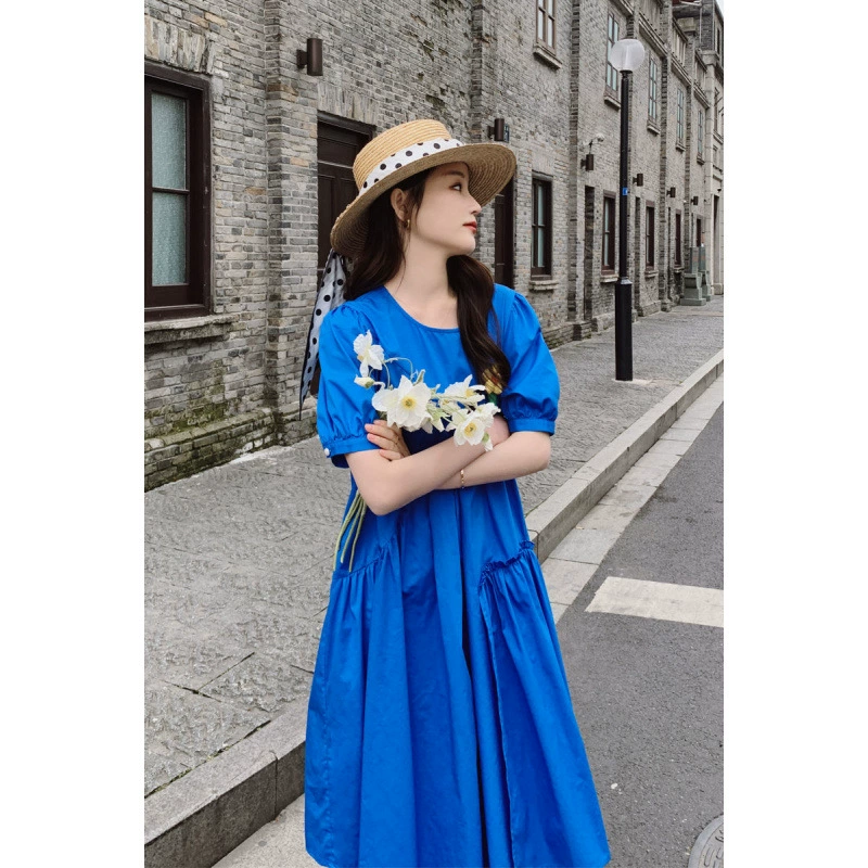 Синее платье Klein с пышными рукавами, новое летнее платье в корейском стиле, милое маленькое платье первой любви, свободное плотное платье феи