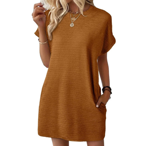 Women's Loose Round Neck Pockets Solid Color Short Sleeve Dress for Amazon Cross-Border E-commerce Independent Store - 2025 Summer New Arrival