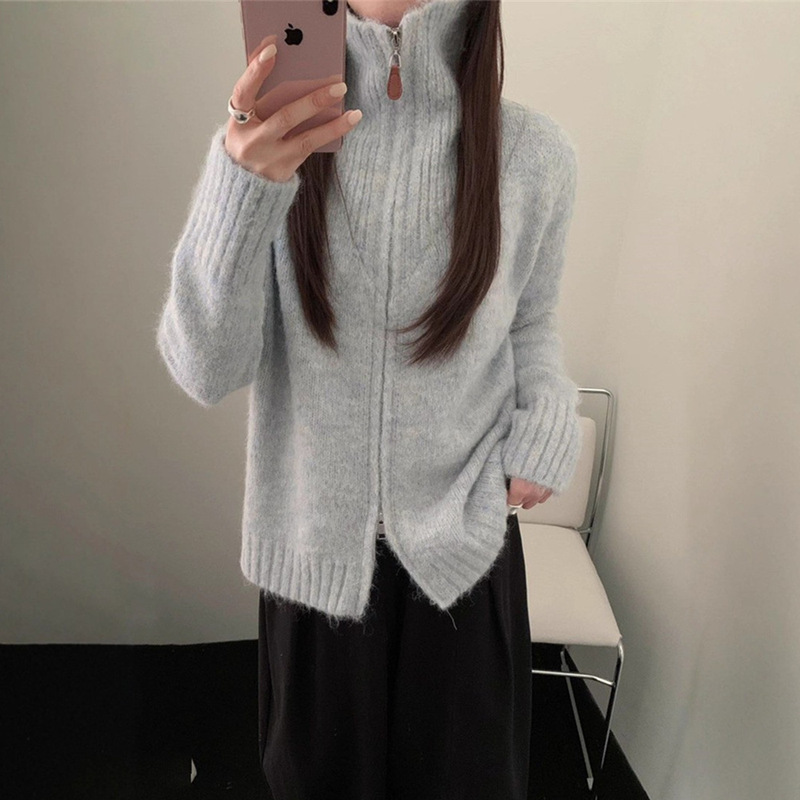 韩系花线双拉链毛衣外套女装秋冬新款宽松慵懒风软糯针织开衫上衣|undefined