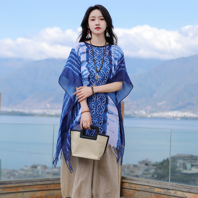 Yunnan estilo étnico teñido de algodón y lino se siente bufanda de protección solar de viaje de las mujeres suéter largo cabo exterior desgaste chal decorativo