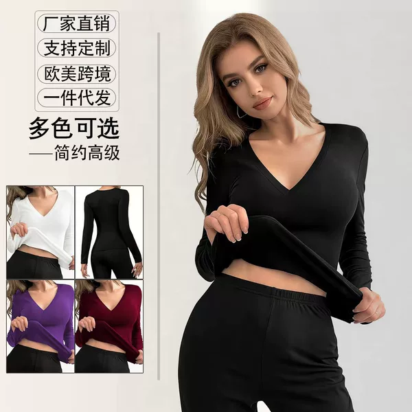 Cross-Border Women's Autumn and Winter Long-Sleeve Thermal Underwear Top with V-Neck, Comfortable and Slim-Fit, Fleece-Lined for Warmth, Suitable for Home Wear