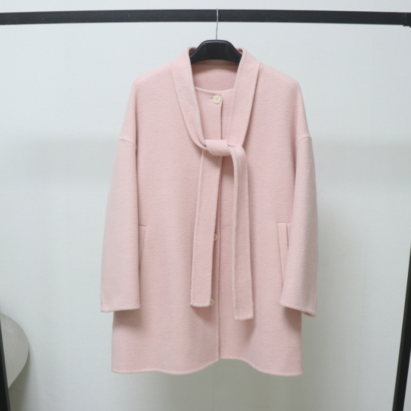 欧洲站蝴蝶结系带羊毛呢外套羊毛粉色圆领显高显瘦大衣女中长款