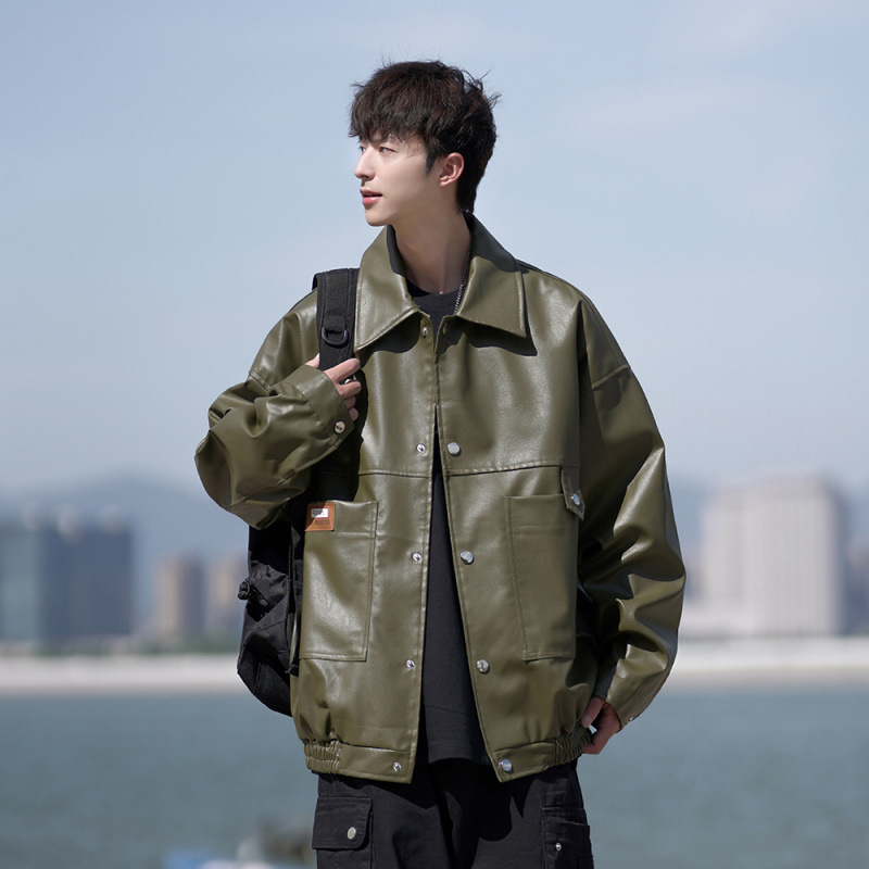 2025秋季男士重工PU皮衣美式机车拉风休闲男装帅气宽松夹克外套男