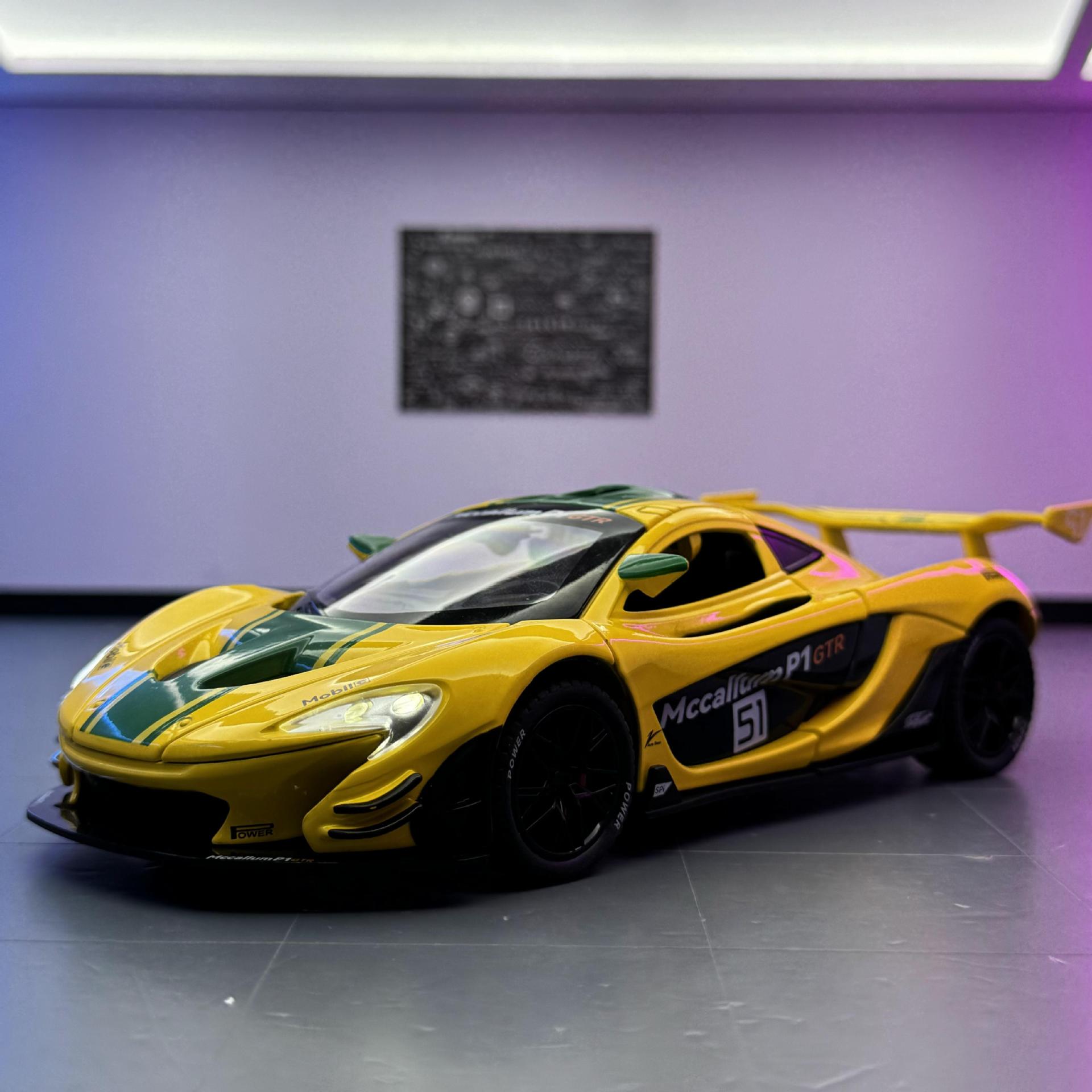 Modelo de coche de aleación Jiaye 1 a 22 McLaren P1GTR coche de carreras con sonido y luz de retroceso coche de juguete decoración de modelo de sonido