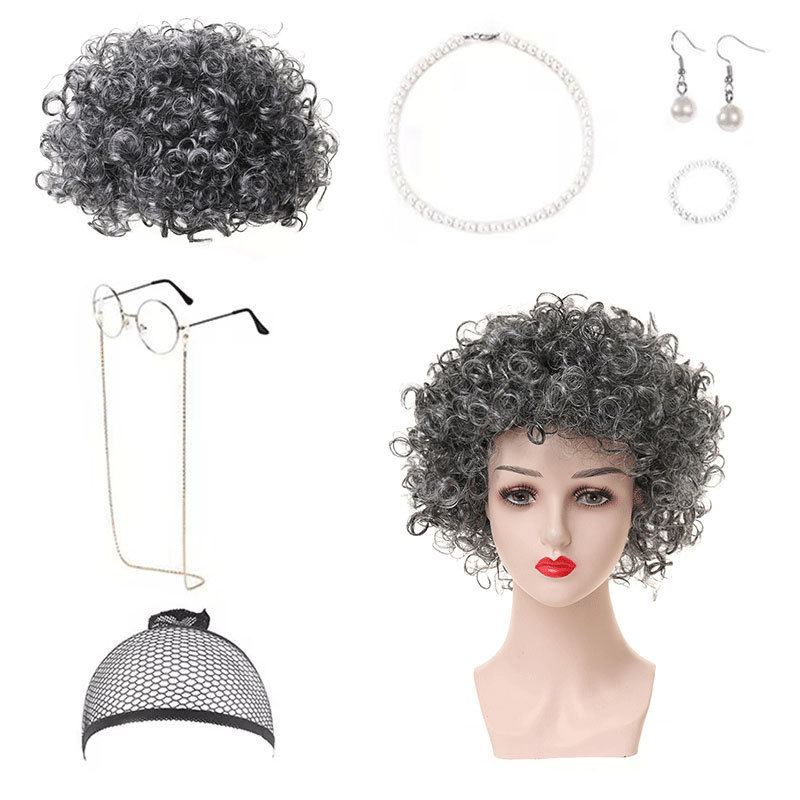 Halloween Grandma Wig with Short Curly Hair, Old Lady with White Hair, Cos Wife Wig, Old Lady Headgear Halloween Grandma Wig with Short Curly Hair, Old Lady with White Hair, Cos Wife Wig, Old Lady Headgear