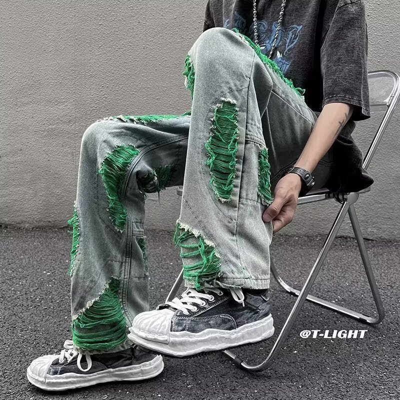 boy Cross-Border Green Ripped Jeans Men's Spring Autumn Trendy Brand European And American High Street Frayed Edge_viptrois.com