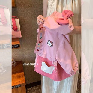 2024 Girl's Cute Cat Contrast Color Charge Clothes Autumn New Children's Western Style Korean Hooded Baby Girl Coat
