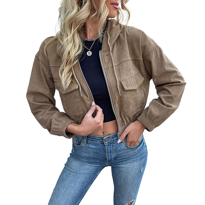 Solid Color Hooded Corduroy Women's Jackets_voghion.com