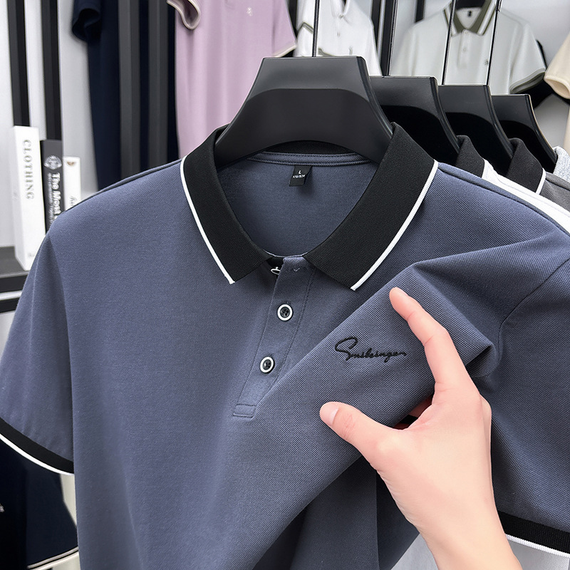 Camiseta de polo de verano de perlas frescas de hombre camiseta de manga corta de negocios de mediana edad casuales de papás con collar top bordado
