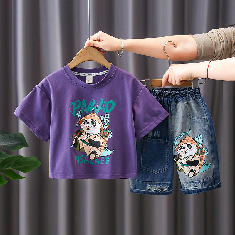 7188 traje de manga corta para niños 2025 verano nuevo estilo camiseta estampada para niños pantalones cortos de mezclilla traje de dos piezas marea de verano