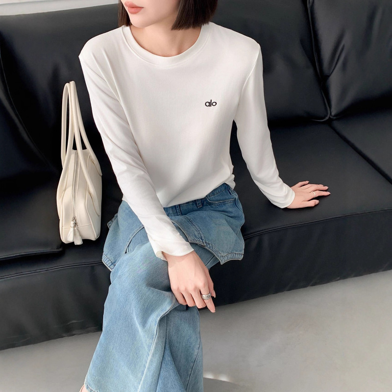 Korean Style Fashionable Round Neck Letter Embroidered Long-Sleeved T-Shirt for Women Autum New Loose Slimming Look Versatile Bottoming Knitwear