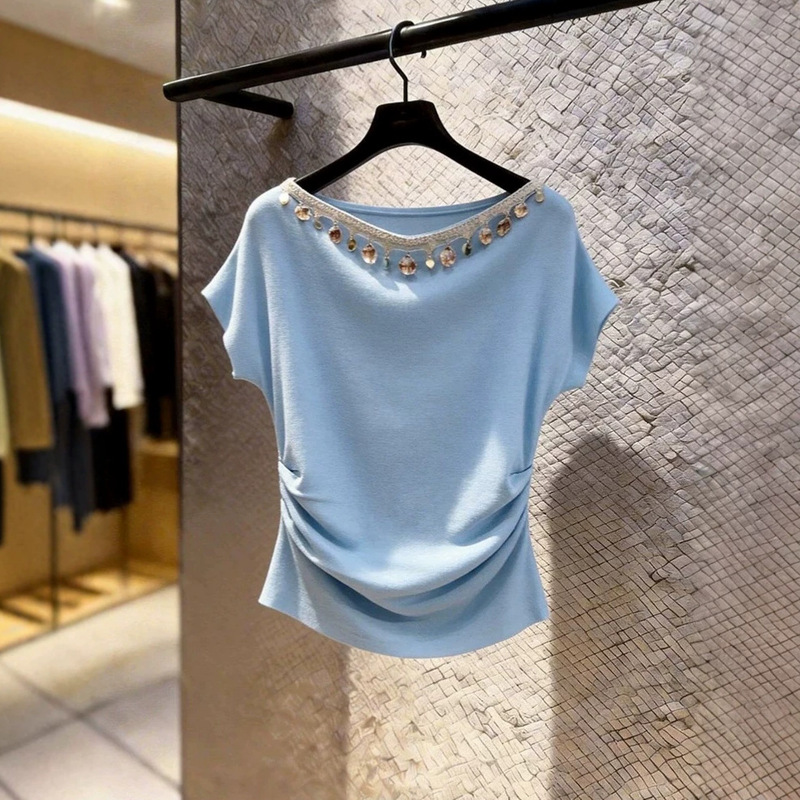 Light Luxury Style Beaded Drapey Blue T-Shirt for Women, 2026 Summer New Model, Elegant and Slimming Ruched Short-Sleeve Top