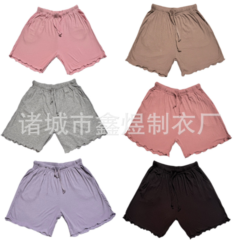 Women's Modal Ribbed Lettuce Edge Shorts with Pockets and Drawstring for Home Wear, Suitable for Middle-Aged and Elderly Students