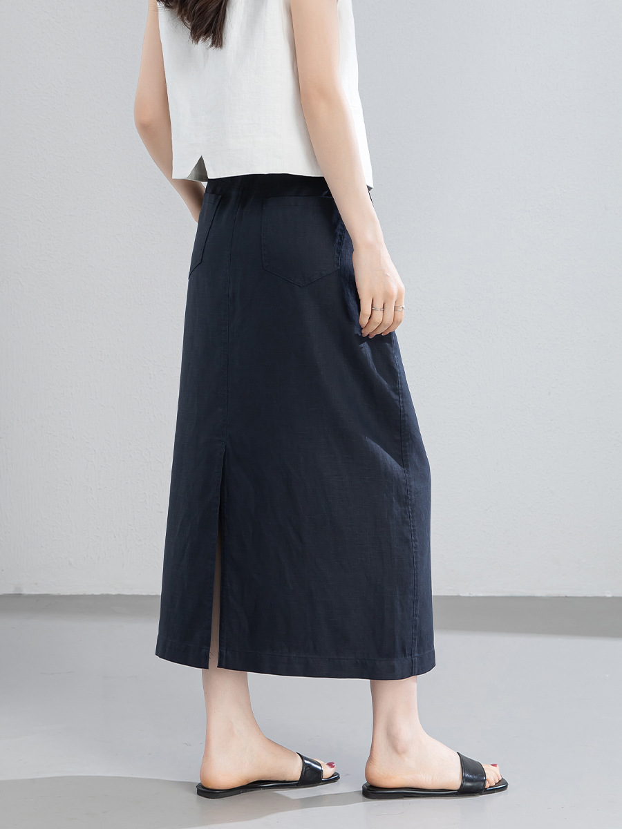 Chân váy chữ A dáng dài nữ chất liệu linen phối sợi tencel, thiết kế che khuyết điểm eo hông — màu xanh navy