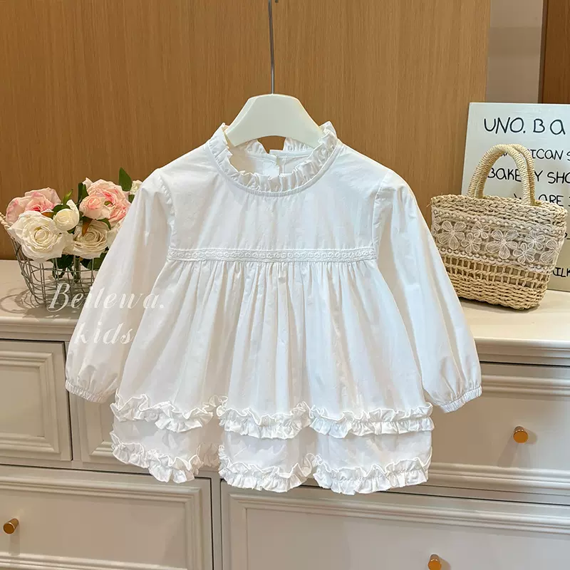 新款女童秋装百搭白色花边长袖衬衫女宝宝韩版儿童休闲款洋气童装