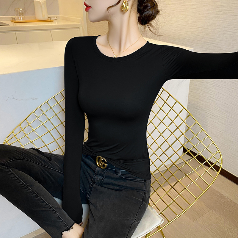 黒の長袖Tシャツレディース薄手白ボトムシャツレディースインナー2025春秋新作トップス|undefined