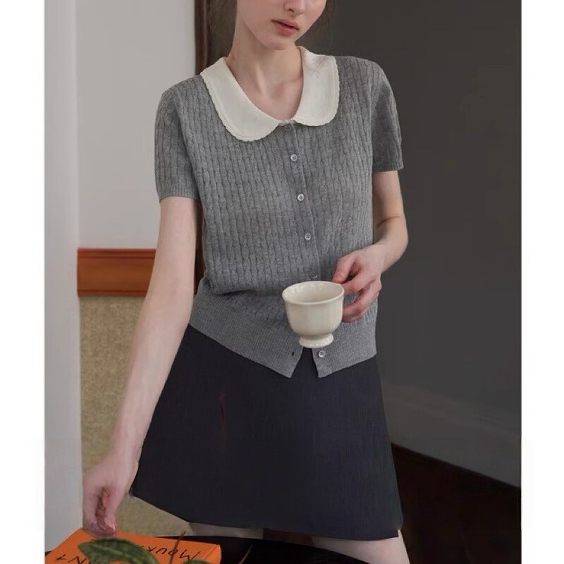 Contrast Color Doll Collar Twist Short-Sleeved Knitted Cardigan for Women Summer Korean Style Sweet Short Style Slimming Top