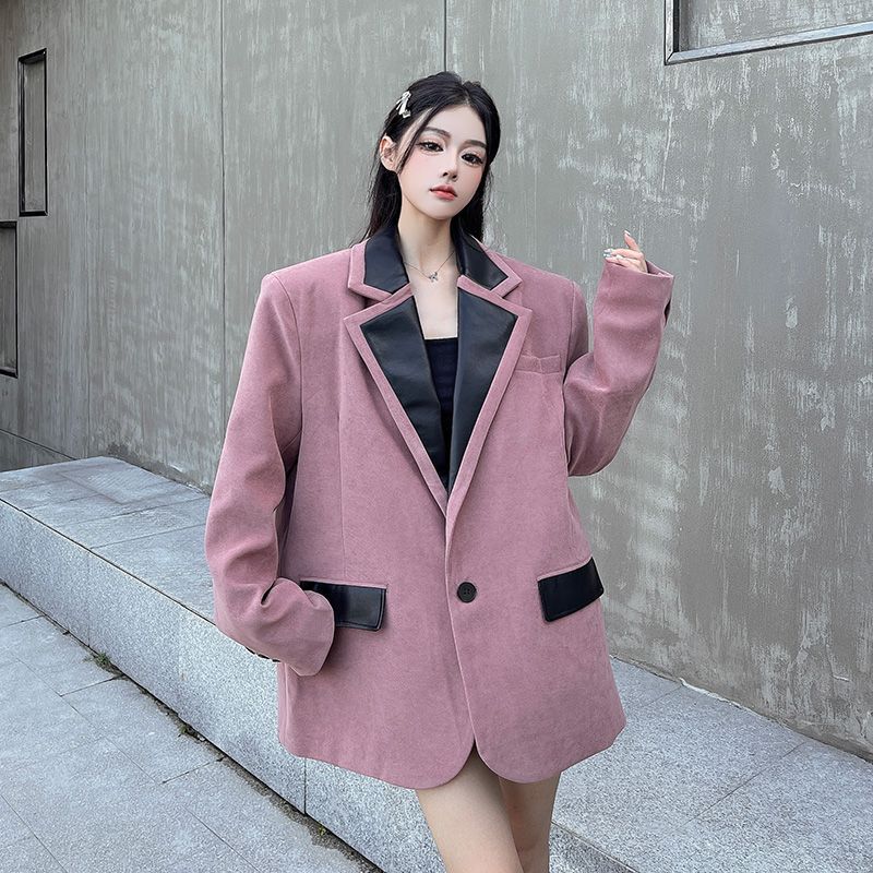 皮料拼接设计感西装外套女秋冬新款复古感磨毛加厚垫肩小个子西服|undefined