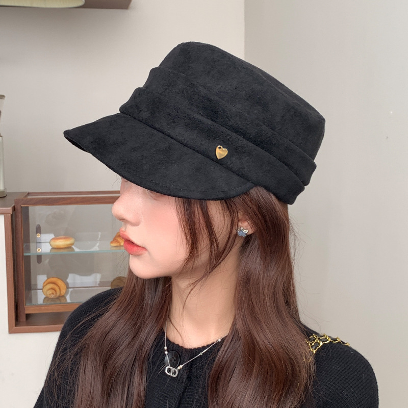 爱心标褶皱麂皮绒鸭舌贝雷帽子女冬季文艺复古马术帽显脸小报童帽|undefined