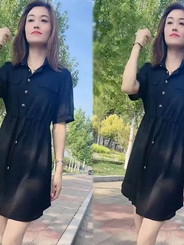 Chic Collared Shirt, Black Mini Skirt, Short-Sleeve, Cinched Waist, Slimming, Forest Style, Outerwear, Loose & Comfortable Dress
