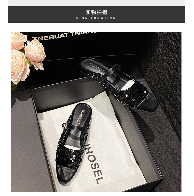 Dép mule sandal nữ bít mũi vuông quai ngang đính sequin lấp lánh, gót thấp 1–3 cm — Màu bạc, Màu đen chi tiết 22