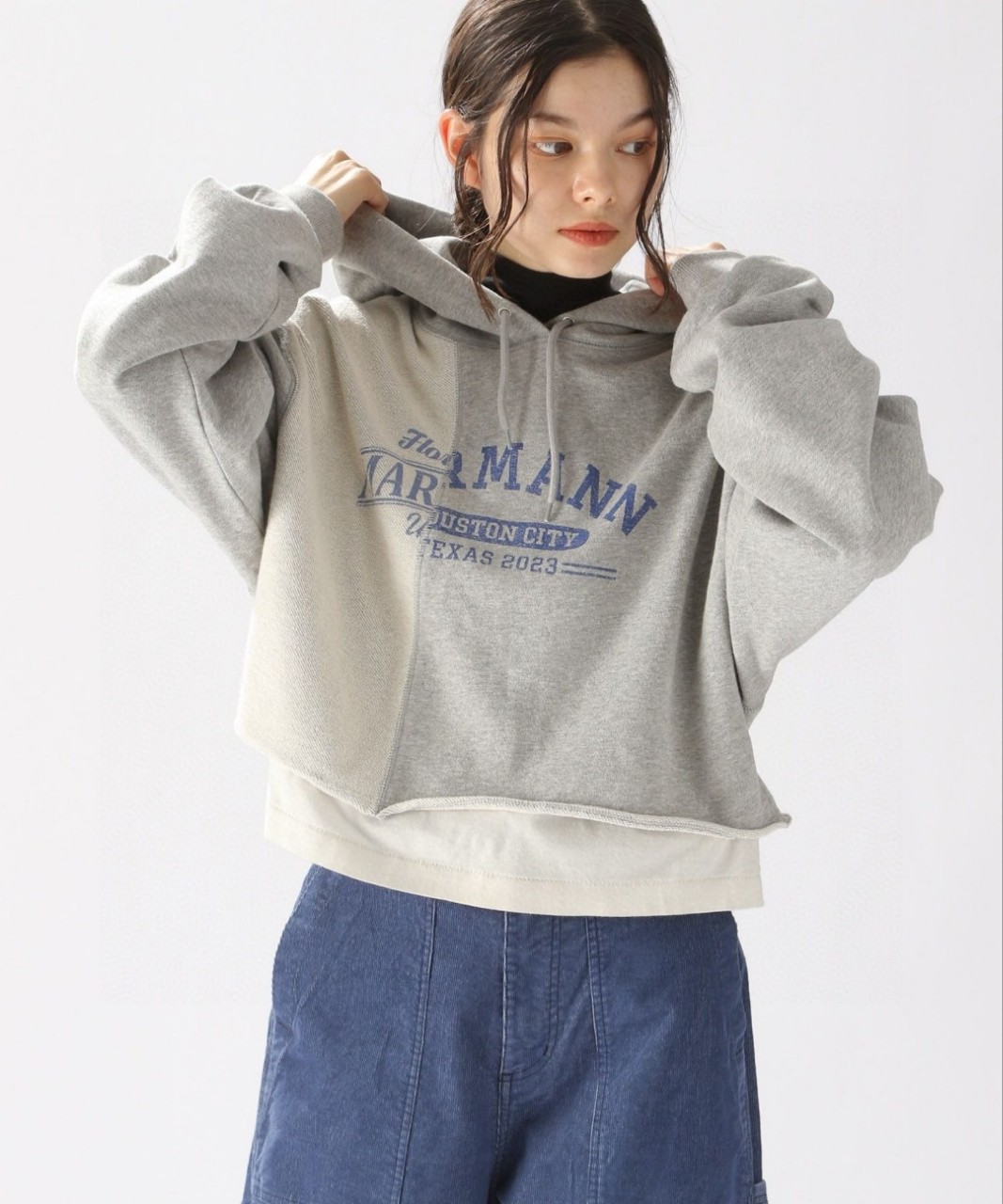 日系小众森女风 纯棉毛圈拼接印花套头连帽 短款女款卫衣 帽衫