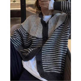 深秋初冬穿搭撞色条纹超厚开衫毛衣外套女秋冬奶fufu慵懒针织上衣