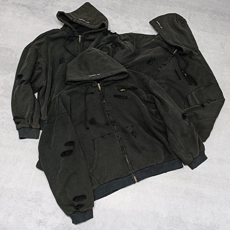Gr Washed Black Distressed Double-Layer Zip-Up American-Style Hoodie Jacket Gr Washed Black Distressed Double-Layer Zip-Up American-Style Hoodie Jacket