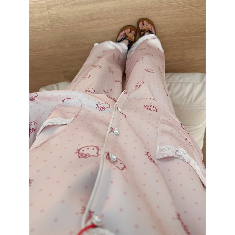 キティ水玉模様のアイスシルク長袖アイスシルクパジャマ女性の夏のスタイル肌に優しい涼しく快適なホームウェアズボンセット|undefined