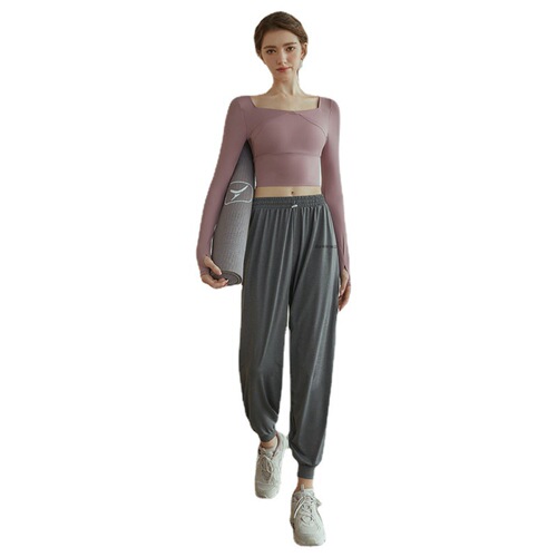 Women's Spring  New Fitness Running Socks Hemming Long Pants Winter Version Loose Morning Running Set Yoga Clothes