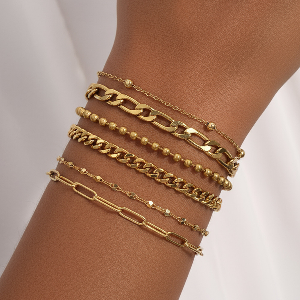 Stainless Steel European and American Cross-Border Jewelry Fashion Paper Clip Bracelet 6-Piece Set Simple Ball Chain Bracelet Set for Women