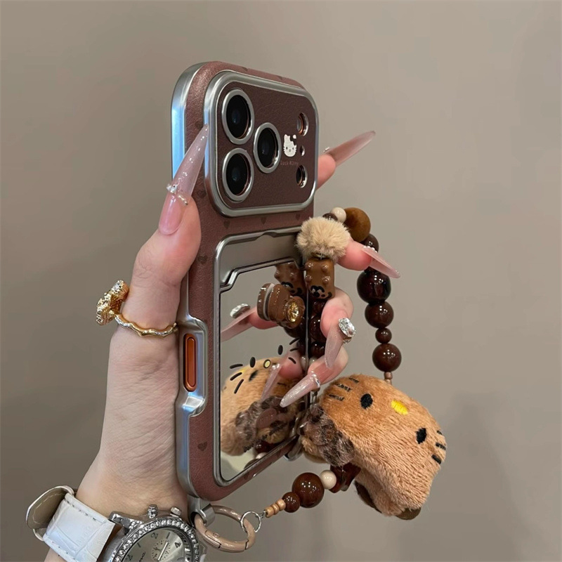 Brown Heart-Shaped Kt Cat Phone Case for iPhone 17 Pro, Apple 16 Pro Makeup Mirror, 15 Pro Card Holder, 14P