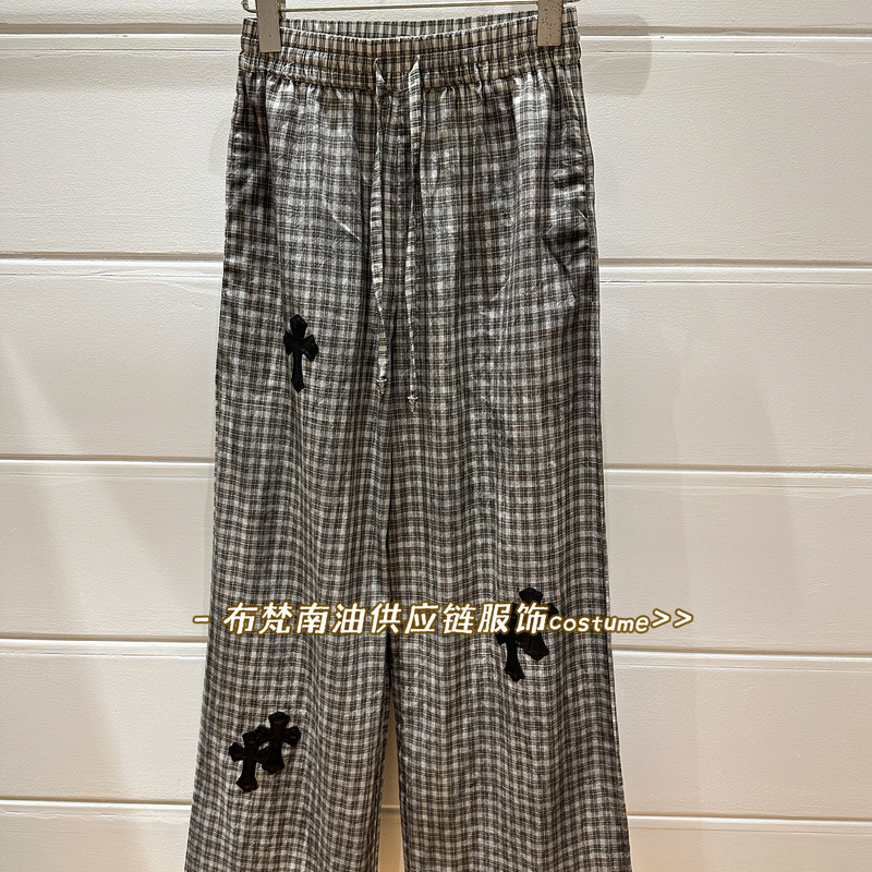 High Version Ch Cross Leather Label Retro Plaid Elastic Waist Wide Leg Pants Women's Autum New Casual Straight Pants High Version Ch Cross Leather Label Retro Plaid Elastic Waist Wide Leg Pants Women's Autum New Casual Straight Pants