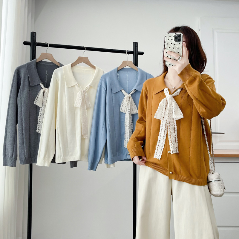Plus Size Women's Elegant and Gentle Style Lapel Hollow-out Lace Ribbon Cardigan Sweater Loose Knit Cardigan 732299
