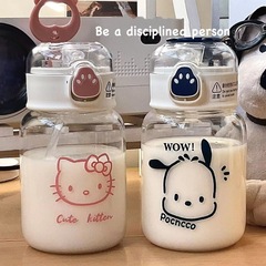 プラスチックストロー付き水筒、耐熱ガラスカップ、女の子・子供用カップ、携帯用猫爪耐熱ストローカップ