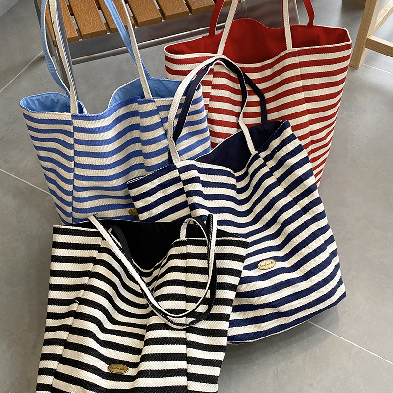 Striped Canvas Bag 2024 New Korean Style Ins Tote Casual Bag Shoulder Large Capacity Tote Bag Shopping Bag Striped Canvas Bag 2024 New Korean Style Ins Tote Casual Bag Shoulder Large Capacity Tote Bag Shopping Bag