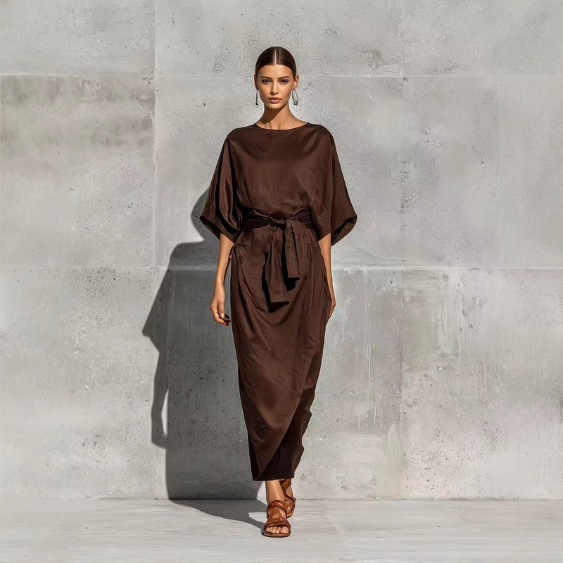 2026 Cross-Border European and American Summer New Style Linen Round Neck Batwing Sleeve Short Sleeve Tie Wrap Slit Mid-Length Dress