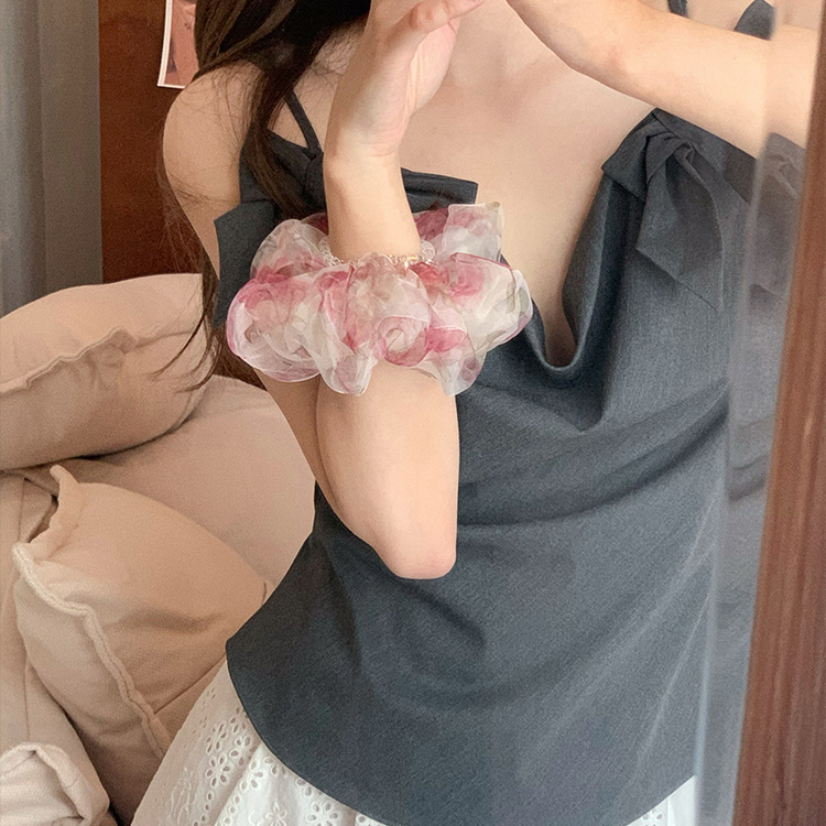韓国の春夏のロマンチックなふわふわメッシュ花柄ヘアゴム、スーパーフェアリー、優しいボールヘアロープ、新しいヘアアクセサリー|undefined