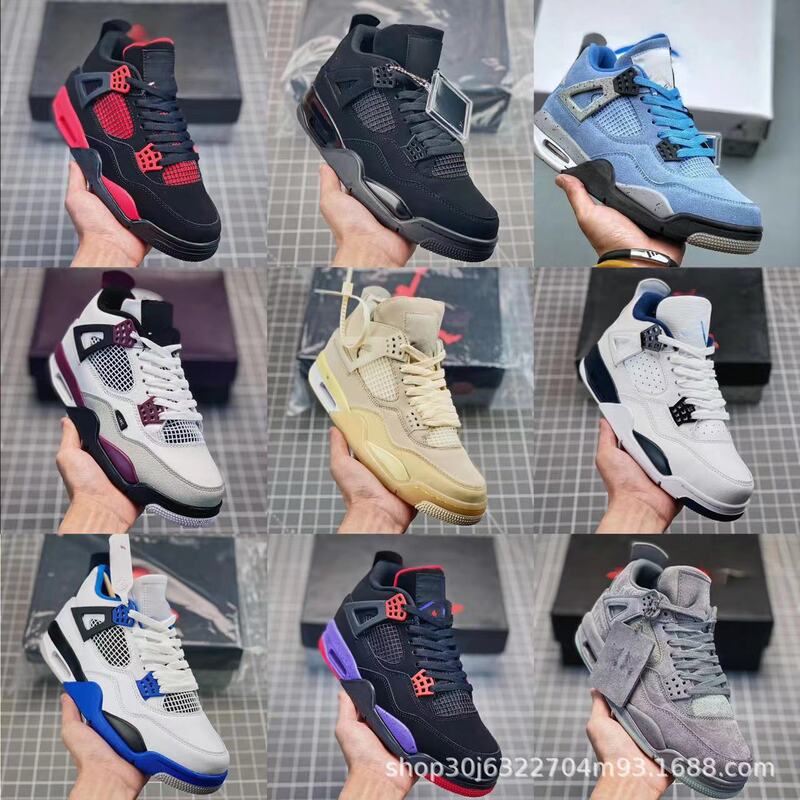 Aj4 White Sail White Black Racing Blue Thunder White Purple Buckle Basketball Shoes Joe 4 Thor White Cement High Top Men's and Women's Sports Shoes