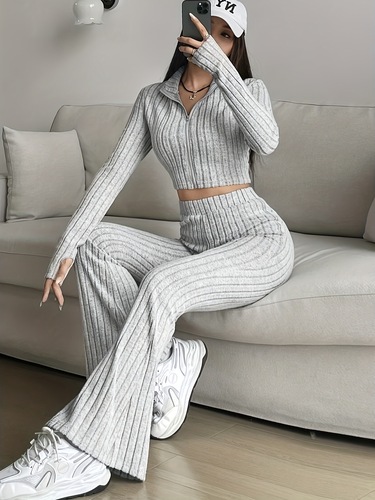 Fashion Pure Color Ribbed Two-Piece Set: Zipper Long-Sleeve Short Top and High-Waist Bell Bottom Pants Set for Women Casual