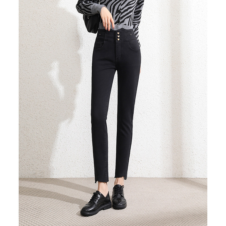 Super Torn edge Paige black Plush Jeans thickening Pencil Pants 2022 New winter Elastic force