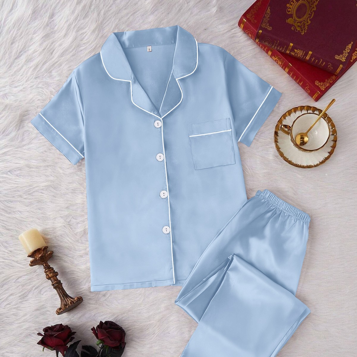 European and American Cross-Border Export Satin Summer Pajamas Solid Color Cardigan Lapel Short-Sleeved Pants Glossy Women's Home Wear Set