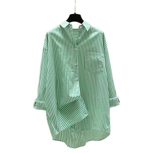 2025 Spring and Autumn New Korean Style Literary Short Front and Long Back Collared Shirt Women's Casual Long Striped Blouse