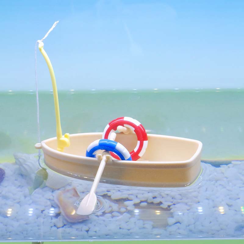 Barco de pesca, modelo de paisajismo de acuario, decoración de paisajismo interesante, acuario, superficie del agua, barco de plástico flotante, anillo de natación, pesca