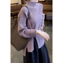 半高领针织打底衫女2025秋冬新款轻熟设计开叉高级感紫色毛衣