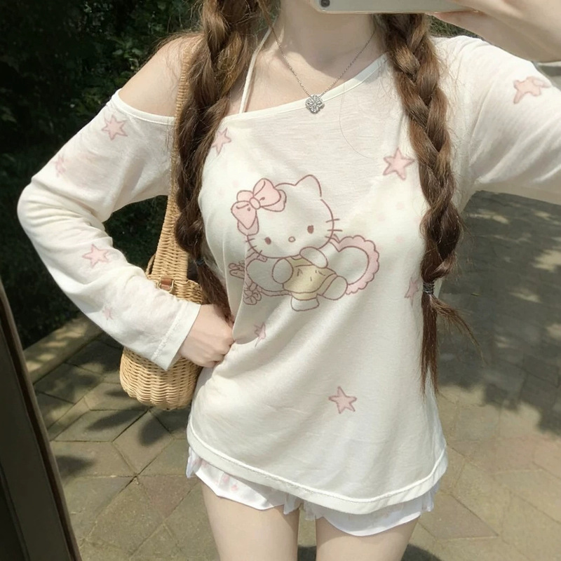 American-Style Kitty Cat Print Sweet Long-Sleeve T-Shirt for Women, New Summer Loose Off-Shoulder Base Shirt Top American-Style Kitty Cat Print Sweet Long-Sleeve T-Shirt for Women, New Summer Loose Off-Shoulder Base Shirt Top