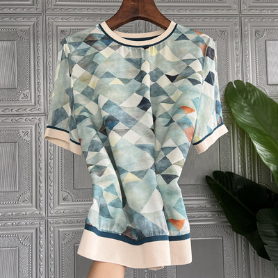 4154#落落大方 清爽几何印花 外贸品牌女装新款缎面雪纺短袖T恤女|ru